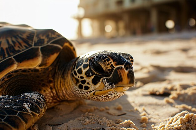 Photo un gros plan d'un visage de tortue sur une plage de sable