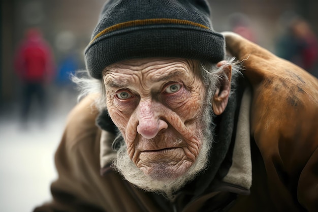 Gros plan sur le visage d'un vieil homme avec une expression déterminée sur son visage patinant dans la rue