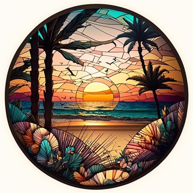 Un gros plan d'un vitrail circulaire photo d'un coucher de soleil ai génératif
