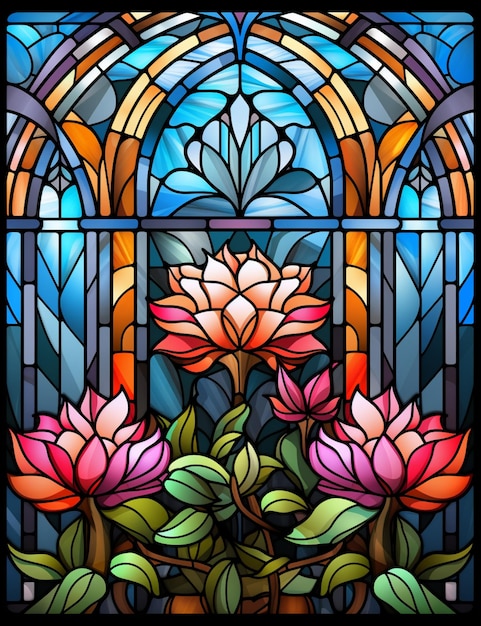 Un gros plan d'un vitrail avec des fleurs en ai générative