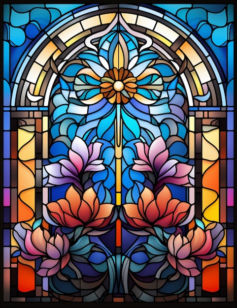 Un gros plan d'un vitrail avec des fleurs et une croix ai générative