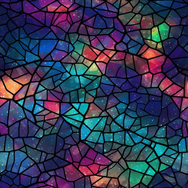 Un gros plan d'un vitrail avec une galaxie colorée en arrière-plan