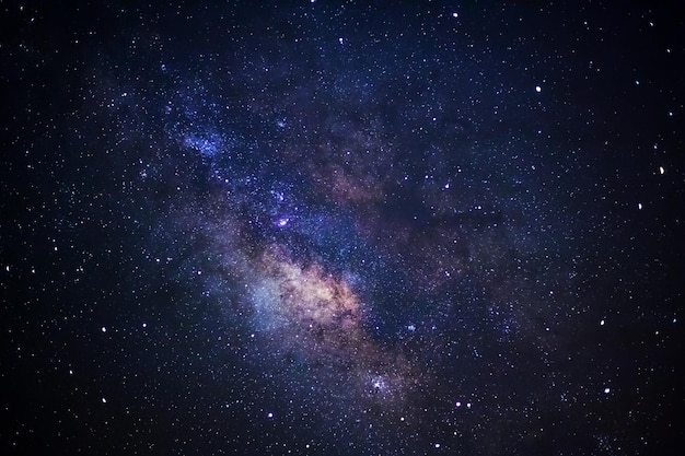 Gros plan de la voie lactée avec des étoiles et de la poussière spatiale dans l'univers Photographie longue exposition avec grain