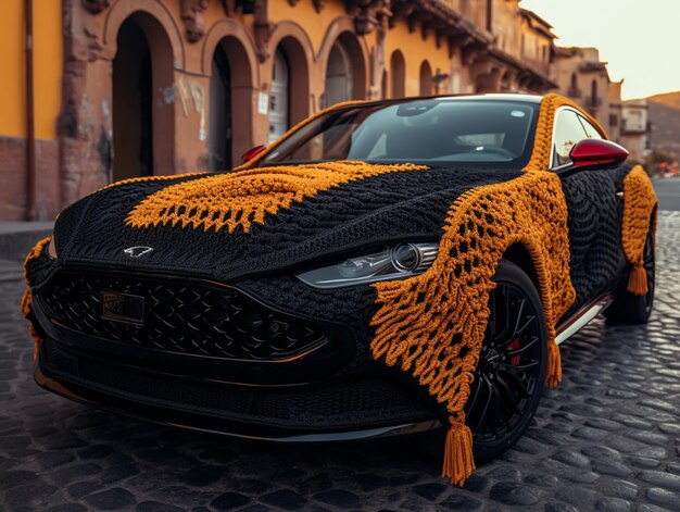 Photo un gros plan d'une voiture couverte d'une couverture tricotée