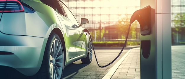 Gros plan sur une voiture électrique hybride de puissance de charge de voiture EV à la station de charge avec de l'électricité renouvelable ai générative