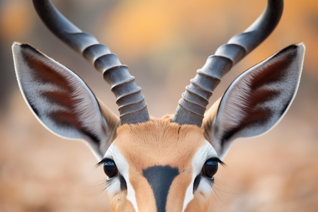 Un gros plan des yeux et des cornes de l'impala