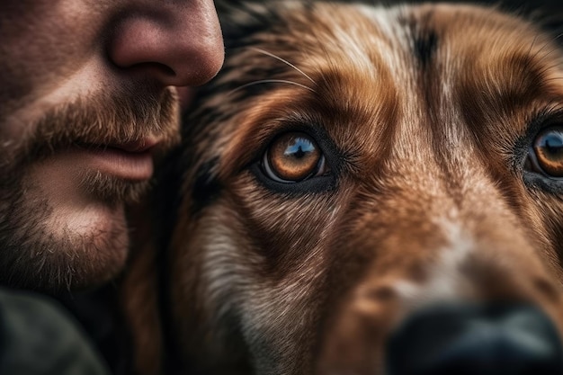 Gros plan des yeux dans les yeux entre un chiot et sa propriétaire fille AI générative