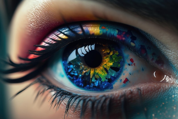 Gros plan sur les yeux d'une femme avec du maquillage coloré Holi Concept Generation AI