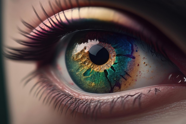 Gros plan sur les yeux d'une femme avec du maquillage coloré Holi Concept Generation AI