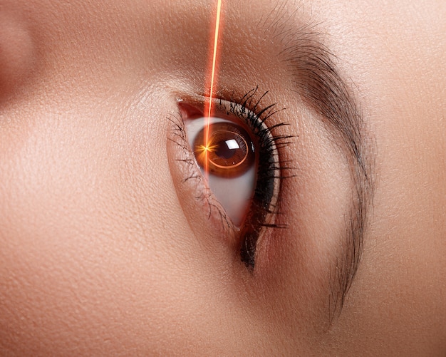 Gros plan des yeux de la femme. Faisceau laser sur la cornée. Concept de correction de la vue au laser