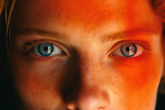 Un gros plan des yeux d'une personne avec un fond rouge