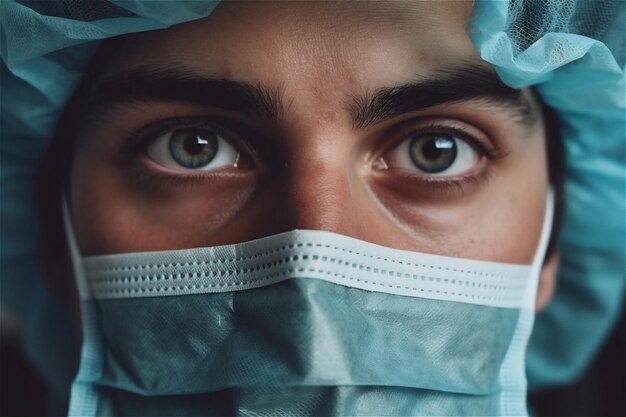Gros plan sur les yeux et le visage d'un médecin de sexe masculin dans un masque de protection AI générative
