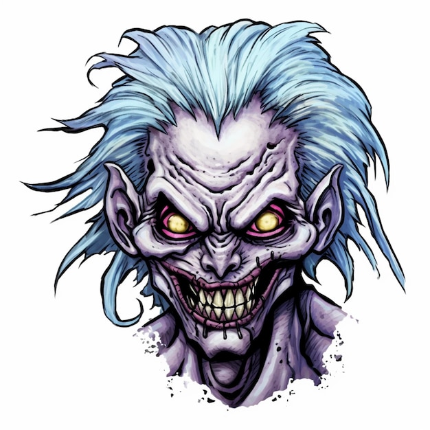 Un gros plan d'un zombie de dessin animé aux cheveux bleus et aux yeux rouges ai génératif