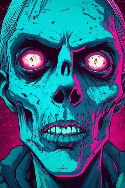 Un gros plan d'un zombie avec des yeux brillants et un fond rose