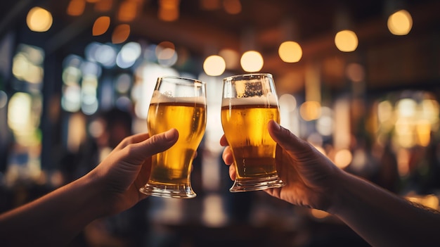 Gros plans de mains tenant des verres à bière sur fond de bar floue Nourriture et boisson concept ai générative