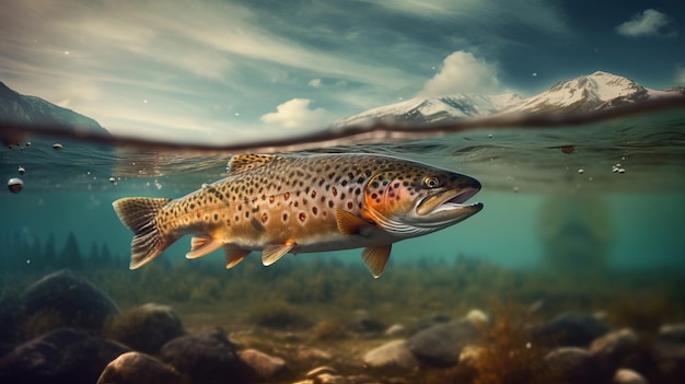 Un gros poisson nage dans une eau claire sur fond de montagnes