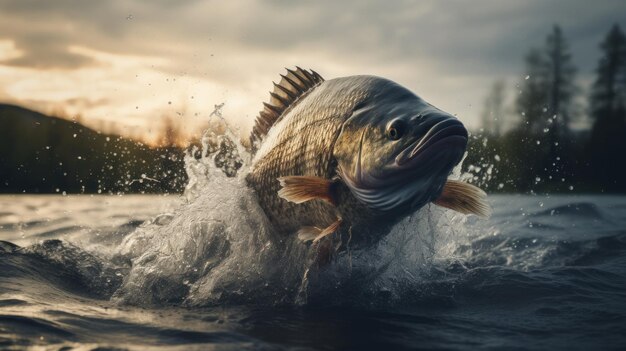 Un gros poisson sautant de la surface de l'eau IA générative