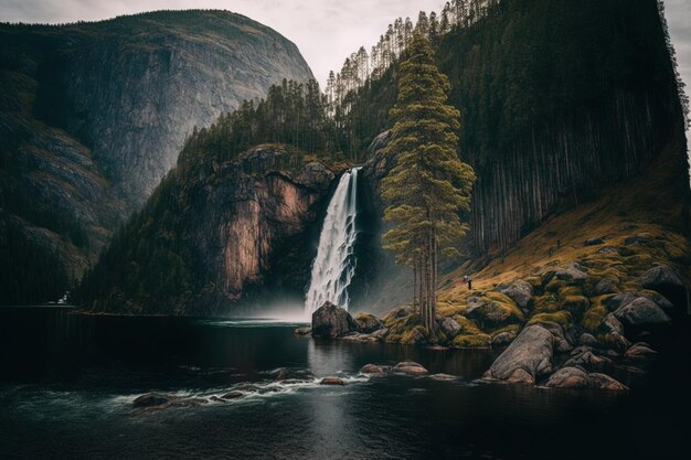 Le gros rocher avec une cascade