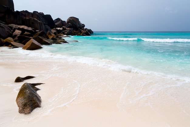 Gros rochers sur la plage avec du sable et des vagues