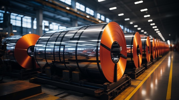 Gros rouleaux de tôle d'acier dans une usine