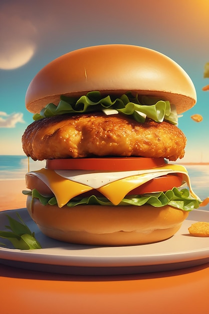 gros sandwich burger au poulet juteux sur fond orange concept de restauration rapide de haute réalité