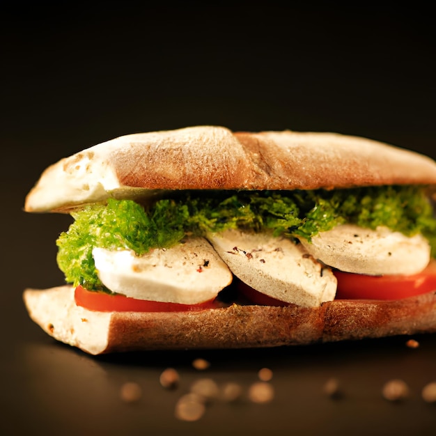 Gros sandwich savoureux de ciabatta avec fromage mozzarella tomates basilic et laitue sur la table
