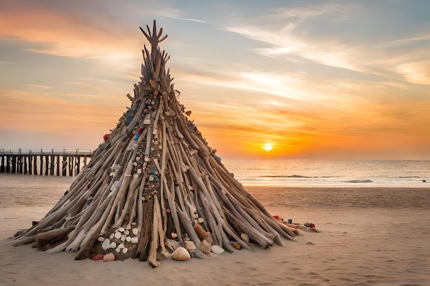 Un gros tas de bois flotté se trouve sur la plage au coucher du soleil.
