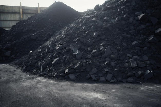 Gros tas de charbon en morceaux noir foncé sur le sol en vrac Charbon de bois à la réserve de stock d'entrepôt anthracite activé emballé dans un sac en plastique sur une palette en bois Contexte de l'industrie industrielle et minière
