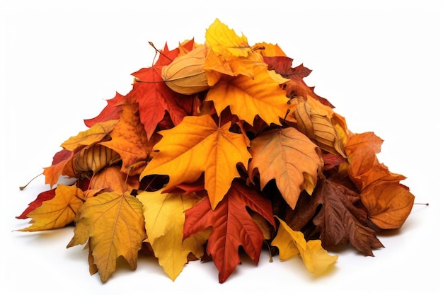 Gros tas de feuilles d'automne colorées isolé sur fond blanc