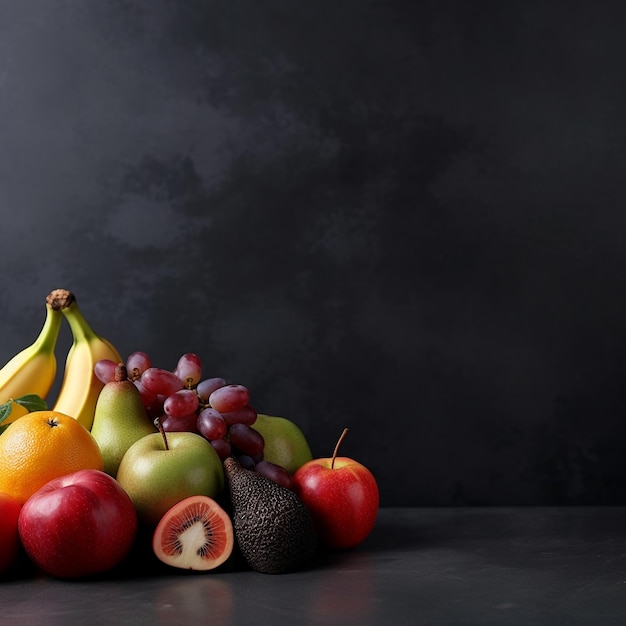 Un gros tas de fruits avec un fond noir qui dit " fruit ".