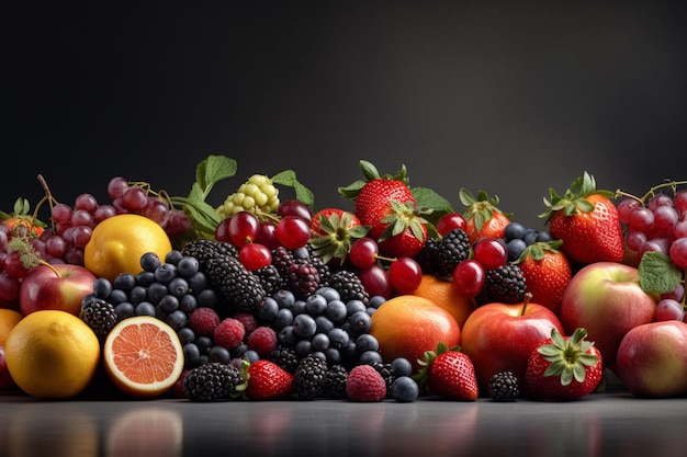 Un gros tas de fruits avec l'un des fruits sur la table