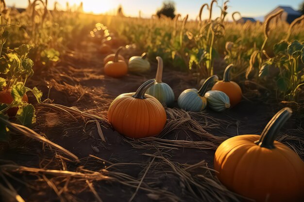 Un gros tas de petites citrouilles sur le champ