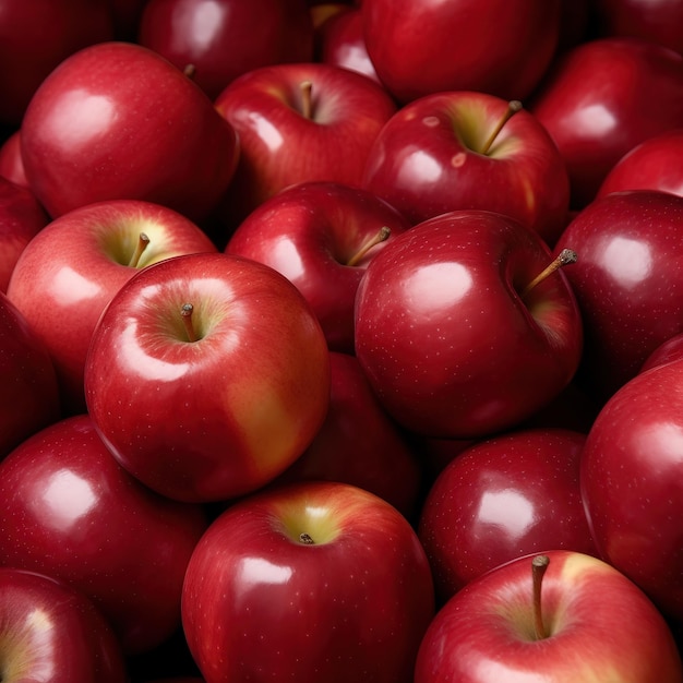 Un gros tas de pommes rouges avec la tige en haut.