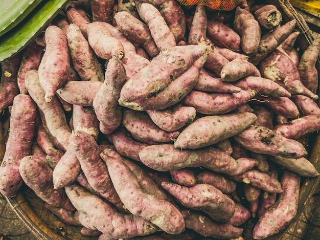 Gros tas de racine de patate douce Récolté de jeunes légumes crus biologiques frais bio avec de la terre Couleur de style mat vintage et délavé en photo teintée Concept d'aliments sains Batat est meilleur que la pomme de terre