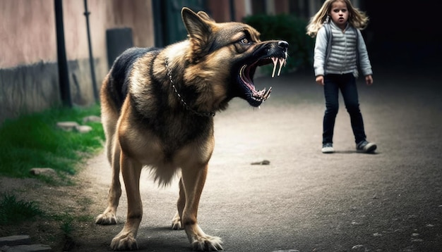 Gros terrible chien errant qui aboie et grogne sur une petite fille qui marche dans la rue un chien enragé attaque un enfant