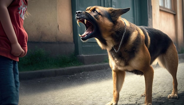 Photo gros terrible chien errant qui aboie et grogne sur une petite fille qui marche dans la rue un chien enragé attaque un enfant