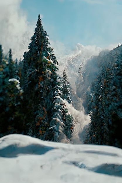 Grosse avalanche descendant de la montagne détruisant tout sur son passage