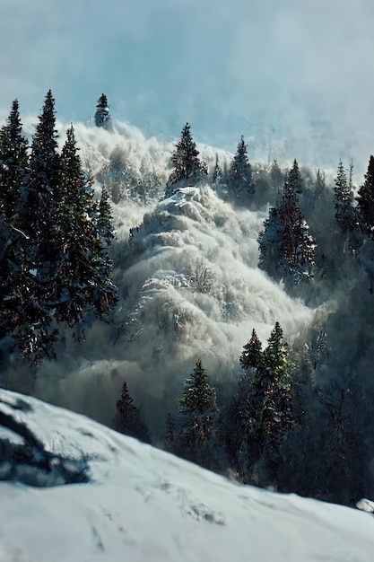 Grosse avalanche descendant de la montagne détruisant tout sur son passage