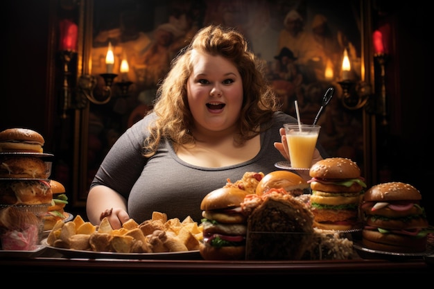 Grosse femme avec un hamburger prenant un selfie et non un espace de copie d'une alimentation saine