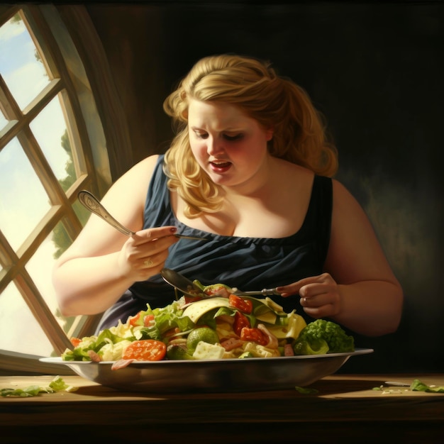 grosse femme mangeant de la salade