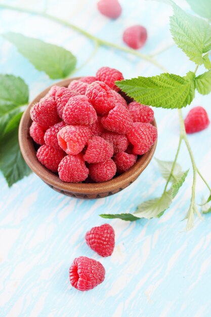 Grosse framboise juteuse fraîche dans un bol