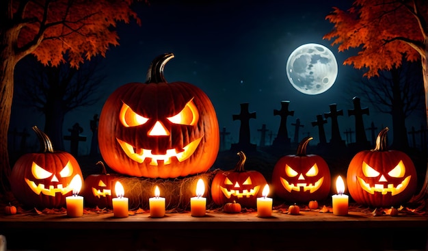 Une grosse lanterne à tête de citrouille d'Halloween avec une lune orange effrayante et effrayante dans la forêt nocturne d'Hallowe