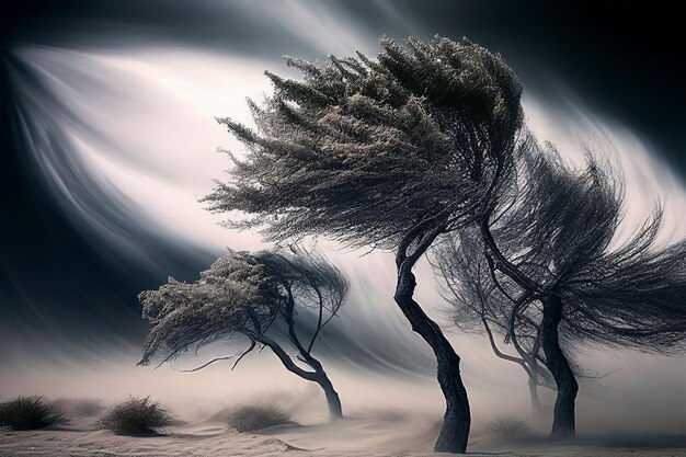 Une grosse tempête souffle sur un grand arbre dans un désert aride par temps de sécheresse Créé avec la technologie Generative AI