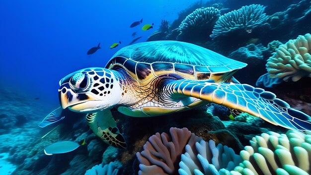 Une grosse tortue de mer nage parmi les coraux Une grosse Tortue colorée