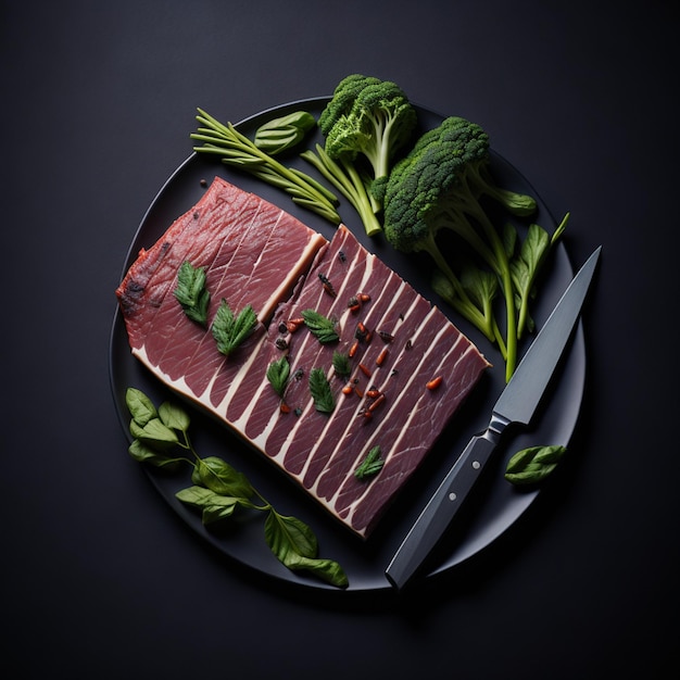 grosse tranche de viande viande crue avec poivre et légumes verts sur photo sombre repas de poulet nourriture barbecue pour animaux