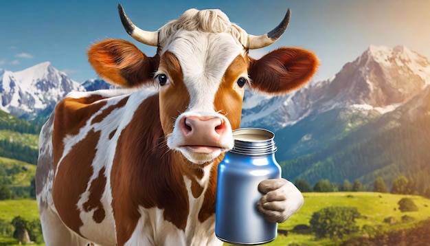Une grosse vache et une bouteille de lait à la ferme par une journée ensoleillée