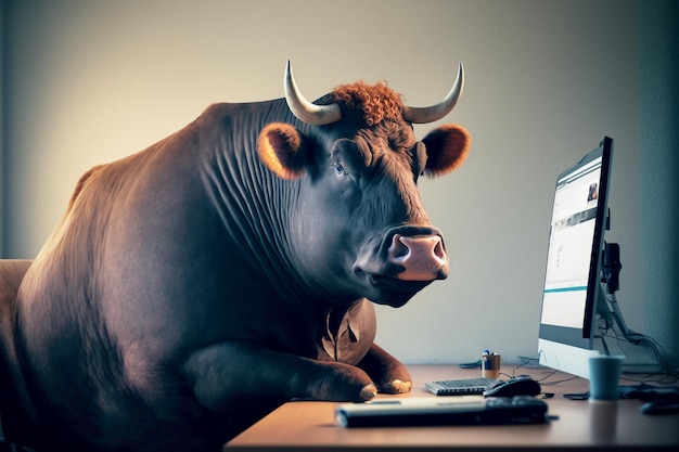 Une grosse vache est assise à la table du bureau devant un ordinateur.