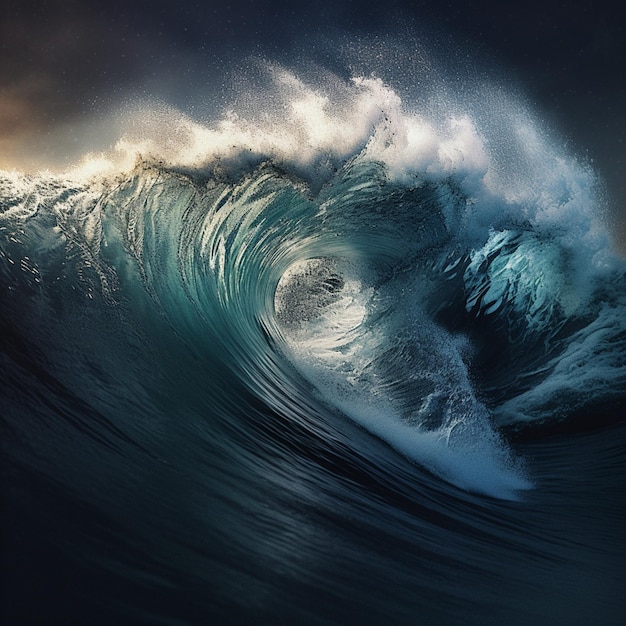 Une grosse vague s'écrase dans l'océan et le soleil brille.