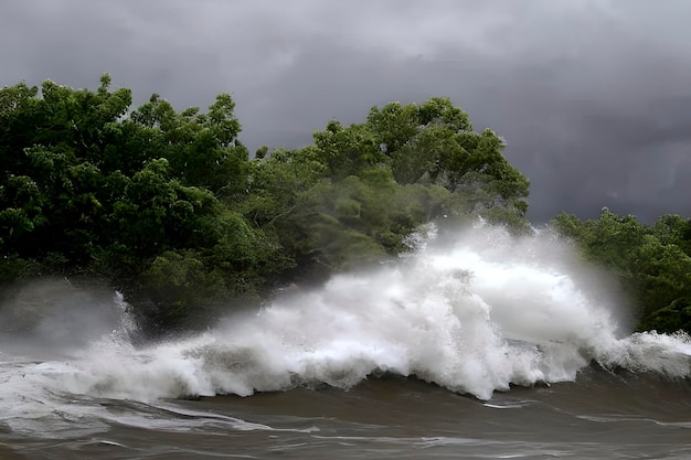 De grosses vagues frappent les arbres sur le rivage