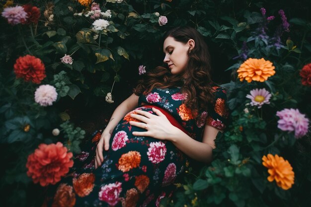 Grossesse maternité heureuse femme enceinte avec gros ventre allongé sur un pré de fleurs